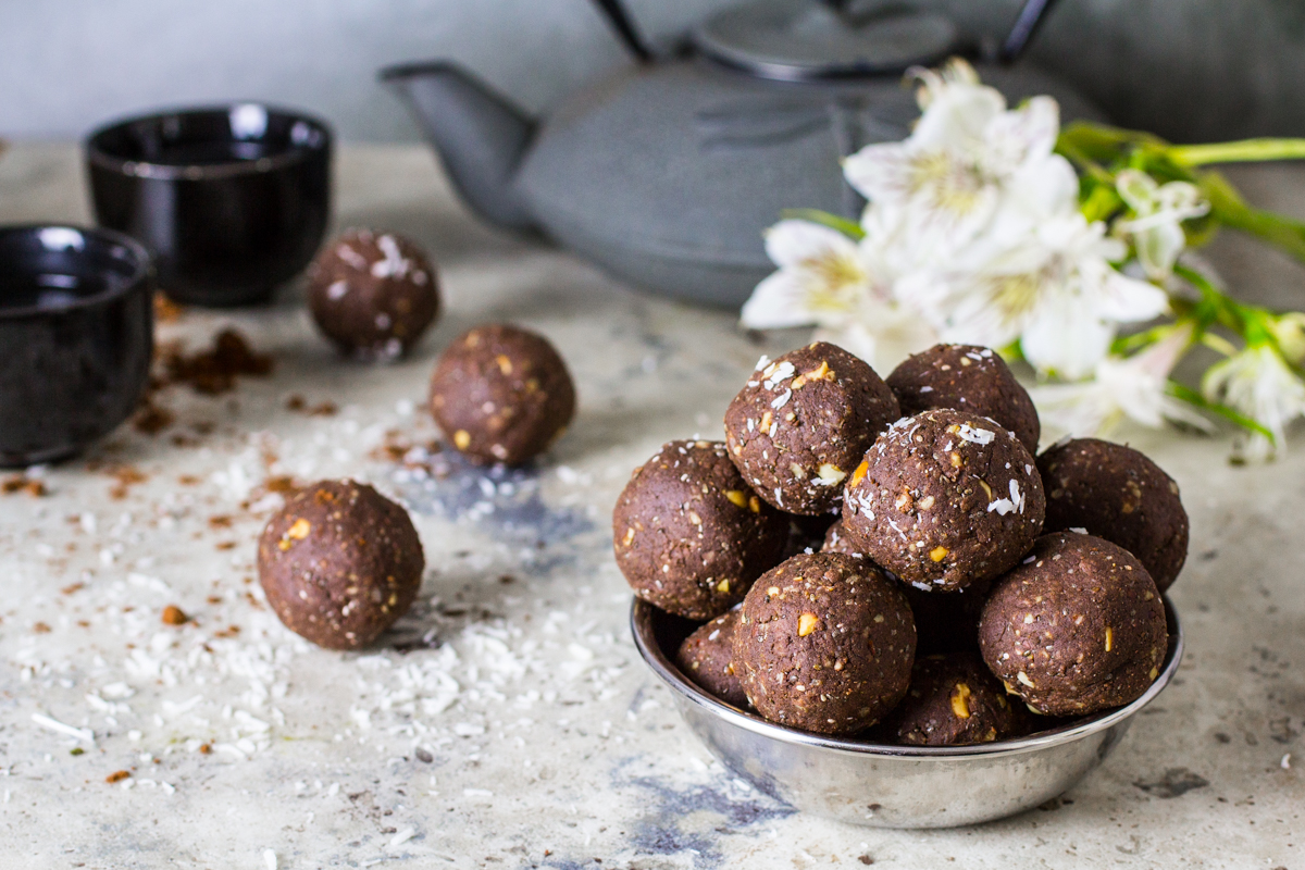 Chocolate Peanut Butter Energy Balls. Recipe and Food Photography by Shika Finnemore